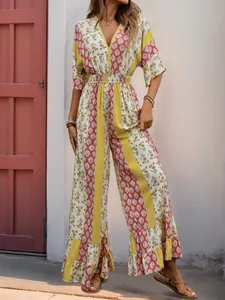 Combinaison bohème à taille haute et jambes larges avec col en V et imprimés rétro