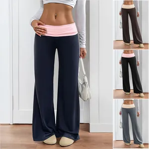 Women Low Waist Wide Leg Pants Contrast Color Fold Over Waistband Casual Yoga Trousers Soft Flare Leg Loungewear