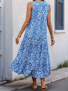 Women's summer V-neck sleeveless printed tiered long dress in blue and white patterns