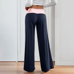Women's low waist wide leg trousers with color-block stitching and soft draped fabric