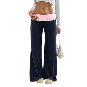 Navy blue low waist wide leg pants with pink contrast waistband for women casual style