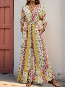 Combinaison bohème à imprimé floral, taille haute, jambe large, col V et ourlet volanté