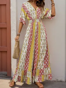Combinaison Bohème à Imprimé Floral pour Femmes Col en V Profond Taille Haute Smokée Pantalon Large en Viscose Évasé