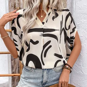Camicetta da Donna Estiva con Scollo a V e Stampa Geometrica Astratta Top Pullover a Maniche Corte a Pipistrello in Poliestere Leggero Casual Vacanza