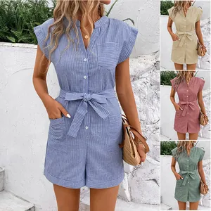 Women Casual Striped Romper Short Sleeve V Neck Button Down Tie Waist Jumpsuit With Pockets Summer Vacation Cotton Blend Romper