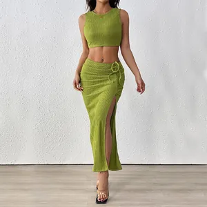 Women Sleeveless Crop Top And High Waist Side Slit Maxi Skirt Plisse Ribbed Knitted Clothing Summer Elegant Vacation Wear
