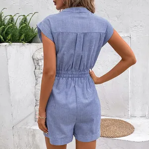 Women's summer blue and white pinstripe romper with elastic high waist, back view