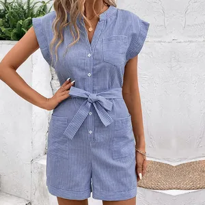 Women's blue and white pinstripe short sleeve romper with waist tie and buttons