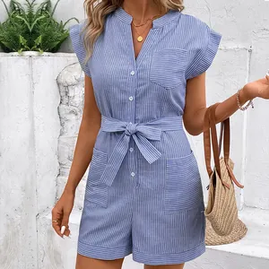 Women's blue and white pinstripe short sleeve romper with button-down V-neck and waist tie