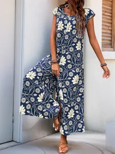 Detail showing navy floral wide-leg jumpsuit with elegant summer botanical patterns