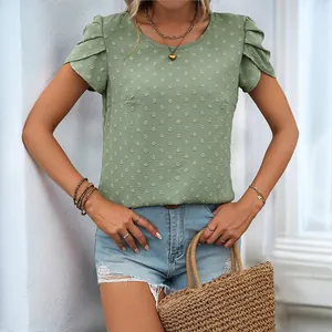 Women Swiss Dot Short Sleeve Blouse Petal Sleeve Round Neck Summer Casual Sage Green Polyester Jacquard Top For Daily Wear