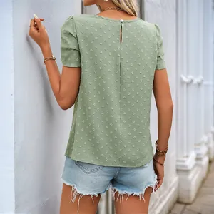 Sage green short sleeve Swiss dot blouse for women with back button and crew neckline