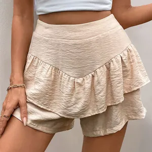 Summer casual beige ruffled high-waisted shorts with layered texture design for women