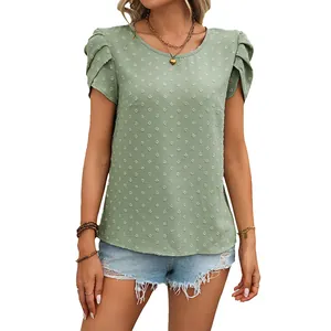 Women's summer green Swiss dot blouse with puff short sleeves and crew neck design