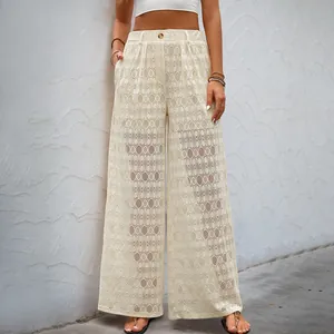 Pantalon Large en Dentelle à Taille Haute pour Femmes Ajouré au Crochet Transparent Pantalon Ample Bohème Vacances Été Pantalon Long Décontracté