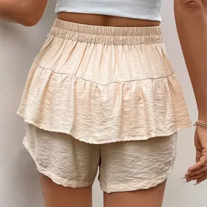 Women's summer tiered ruffle wide leg shorts in apricot texture fabric, back view
