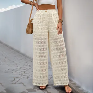 Pantalon large en dentelle au crochet beige à taille haute pour femme style bohème