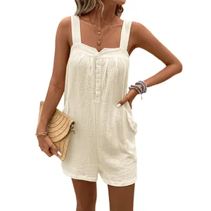 Women's summer sleeveless textured romper in beige with wooden buttons and pockets