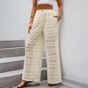 Pantalon large en dentelle à taille haute pour femme en coloris abricot bohème