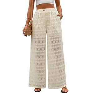 Pantalon large en dentelle à taille haute pour femme avec motifs ajourés beiges