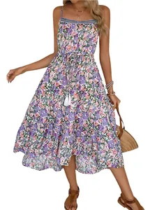 Floral tiered summer dress with spaghetti straps and bohemian drawstring tassel waist detail