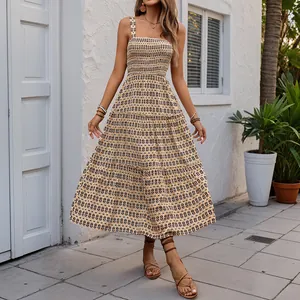 Women's Bohemian Geometric Print Smocked Bodice Maxi Dress Viscose Tiered A-Line Cami Sun Dress Vacation Summer Outfit
