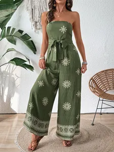 Olive green strapless wide leg jumpsuit with bohemian embroidery and waist tie