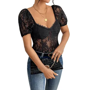 Elegant black floral lace short sleeve bodysuit with corset design and square neckline