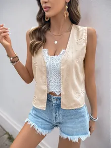 Gilet sans manches beige pour femme avec broderie ajourée et motifs floraux de style été