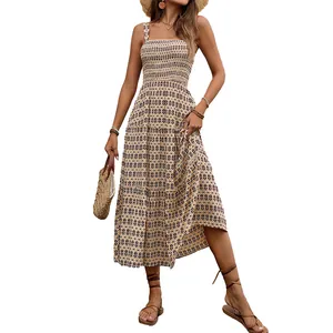 Bohemian tiered sleeveless summer dress with geometric print and smocked bodice detail