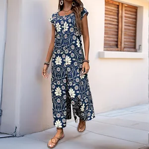 Women's summer floral wide-leg jumpsuit with short sleeves and boho leaf print
