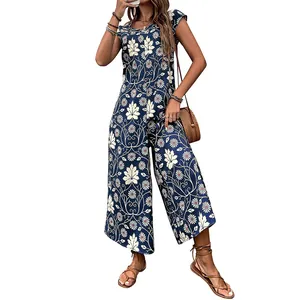 Floral print wide-leg jumpsuit for women in navy blue with elegant summer patterns