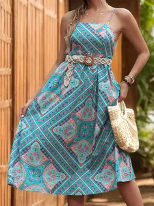 Close-up of bohemian summer dress with floral print and woven belt with wooden buckle