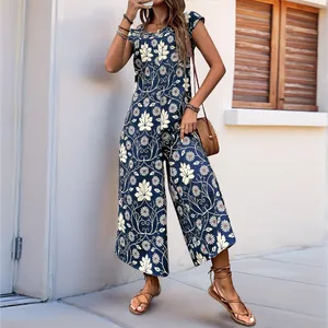 Women Bohemian Floral Print Jumpsuit Round Neck Short Sleeve Wide Leg Summer Vacation Fashion Casual Long Jumpsuit