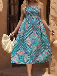 Bohemian floral maxi dress with high waist and straw bag detail against exotic background