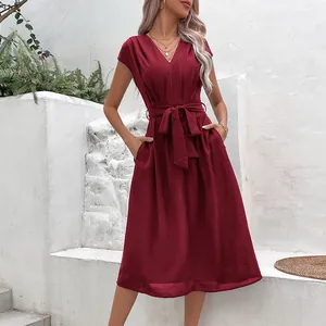 Robe Midi à Ligne A et Col en V à Manches Courtes pour Femme Avec Ceinture Élégante Couleur Unie Office Lady Robe de Banlieue