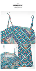 Detail of bohemian floral print dress featuring smocked elastic back and slim straps