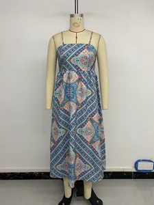 Detail of blue and pink bohemian paisley print on a summer maxi dress with thin straps