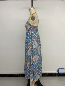 Detail view of ethnic blue print maxi dress with smocked back and floral patterns
