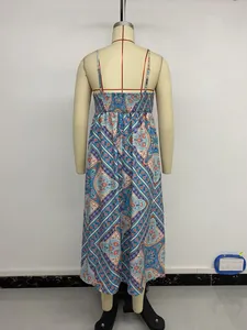 Detail of bohemian floral print dress with elastic smocked back for a flexible fit