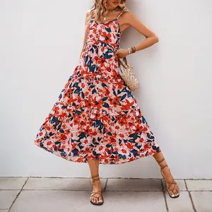 Damen Sommer V-Ausschnitt Spaghetti-Träger Blumendruck Gestuftes Maxikleid Boho Urlaub Ärmellos Hohe Taille A-Linie Rüschenkleid