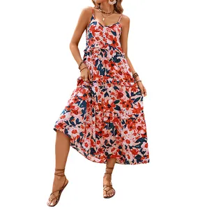 Boho-Maxikleid mit Blumenmuster, dünnen Trägern und V-Ausschnitt für den Sommerurlaub