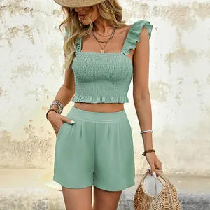 Women Summer Casual Smocked Ruffle Camisole Top And High Waist Shorts Sage Green Beach Vacation Outfit
