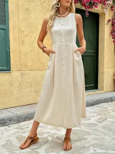 Women's Sleeveless Round Neck Single Breasted Midi Dress Viscose Blend Casual Summer A-Line Beach Resort Dress With Pockets