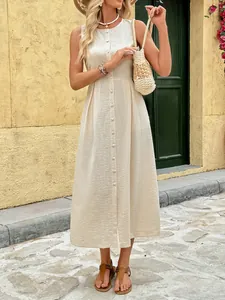 Elegant beige sleeveless mid-length cotton linen dress with round neck and buttons