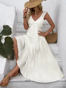 Women V Neck Sleeveless Tiered Maxi Dress Solid Color Backless Viscose Polyamide Elegant Summer Boho Vacation Long Dress