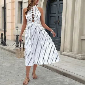 Women Polka Dot Halter Dress Sleeveless Elegant Bowtie Hollow Out A-Line Midi Dress Summer Commute Vacation S9401