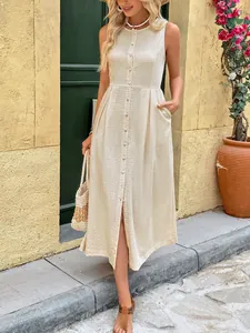 Sleeveless round neck beige button-down midi dress with pleated waist and side pockets