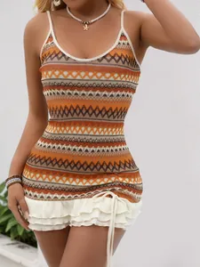 Women's summer boho knit mini dress with colorful geometric patterns and ruffled hem