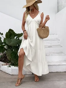 Elegant white sleeveless V-neck maxi dress with tiered ruffles for summer vacations